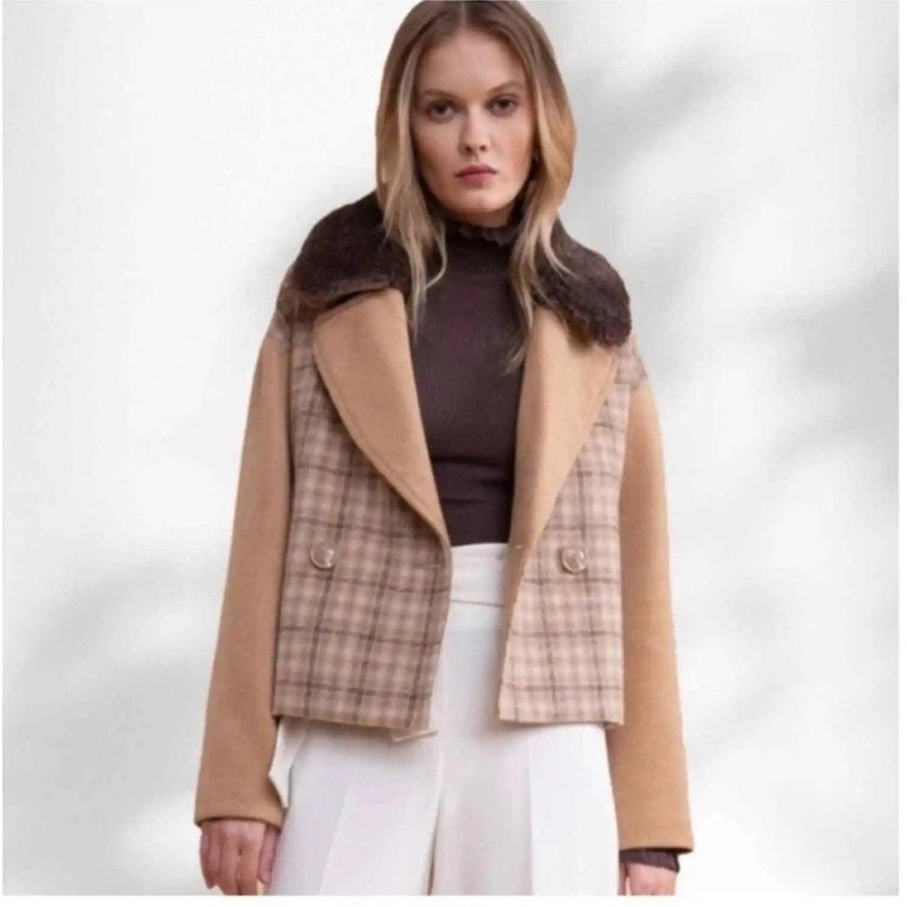 Rachel Parcell Double Breasted Tan Iced Coffee Plaid Jacket Wool Blend Size XS